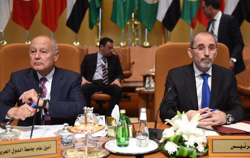 Arab League Secretary-General Ahmed Abul Gheit and Jordanian Foreign Minister Ayman Safadi, who chairs the preparatory meeting of Arab Foreign Ministers, attend the meeting in Riyadh. Fayez Nureldine / AFP Photo