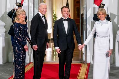 US President Joe Biden and first lady Jill Biden greet French President Emmanuel Macron and his wife Brigitte Macron. EPA