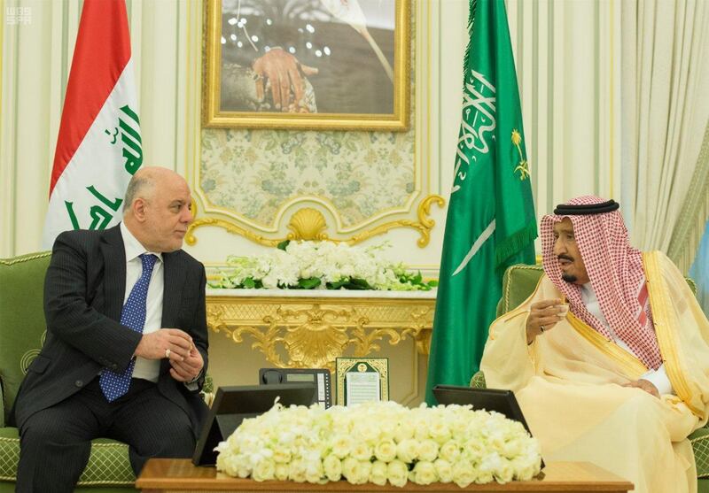 Iraqi Prime Minister Haider al-Abadi meets with Saudi Arabia's King Salman bin Abdulaziz Al Saud in Riyadh, Saudi Arabia October 22, 2017. Saudi Press Agency/Handout via REUTERS ATTENTION EDITORS - THIS PICTURE WAS PROVIDED BY A THIRD PARTY. NO RESALES. NO ARCHIVE.