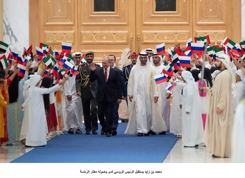 ABU DHABI, UNITED ARAB EMIRATES - October 15, 2019: HH Sheikh Mohamed bin Zayed Al Nahyan, Crown Prince of Abu Dhabi and Deputy Supreme Commander of the UAE Armed Forces (centre R) hosts a reception for HE Vladimir Putin Vladimirovich, President of Russia (centre L), during a state visit, at Qasr Al Watan. 

( Hamad Al Kaabi / Ministry of Presidential Affairs )​
---
