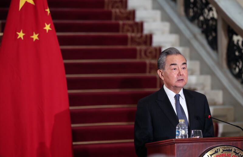 Chinese Foreign Minister Wang Yi attends a joint press conference at Tahrir palace in Cairo, before visiting Tunisia. EPA