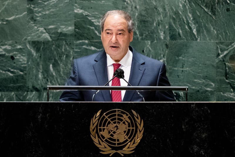 Syria's foreign minister Faisal Mekdad addresses the 76th Session of the United Nations General Assembly, at U.N. headquarters. AP Photo