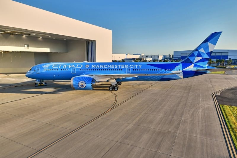 Etihad has revealed a new Manchester City livery to mark the arrival of its new Boeing 787-9 Dreamliner. Courtesy Etihad Airways