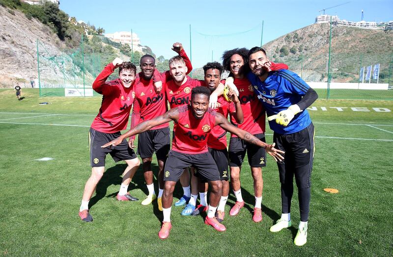 MALAGA, SPAIN - FEBRUARY 10: (EXCLUSIVE COVERAGE) Victor Lindelof, Eric Bailly, Luke Shaw, Fred, Angel Gomes, Tahith Chong and Sergio Romero of Manchester United in action during a first team training session on February 10, 2020 in Malaga, Spain. (Photo by Matthew Peters/Manchester United via Getty Images)