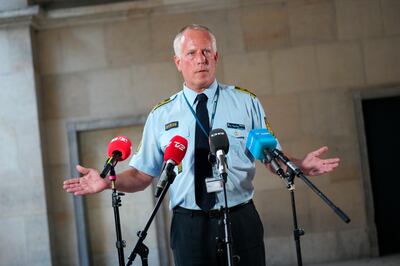 Copenhagen Police Chief Inspector Soeren Thomassen gestures as he speaks regarding the shooting at the Field's Shopping Center during press conference at the Police Station in Copenhagen, Denmark, Sunday, July 3, 2022.   Danish police said Sunday that several people were shot at a Copenhagen shopping mall, one of the largest in Scandinavia.  Copenhagen police said that one person has been arrested in connection with the shooting at the Field’s shopping mall, which is close to the city's airport.  Police tweeted that “several people have been hit,” but gave no other details.  (Emil Helms  / Ritzau Scanpix via AP)