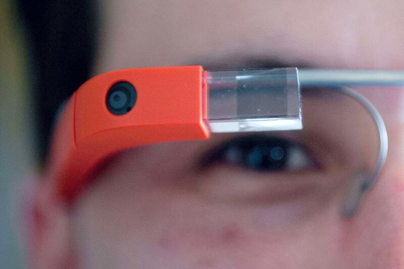 Thomas Sanchez, the founder of digital innovation agency Social Driver, demonstrates Google Glass at the National Press Club in Washington. Nicholas Kamm / AFP