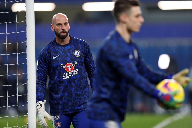 Chelsea goalkeepers Willy Caballero and Kepa Arrizabalaga during the warm up. Reuters