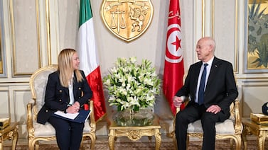 Tunisian President Kais Saied with Italian Prime Minister Giorgia Meloni at the presidential palace in Tunis, last June. EPA