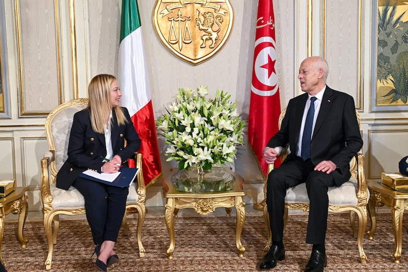 Tunisian President Kais Saied with Italian Prime Minister Giorgia Meloni at the presidential palace in Tunis, last June. EPA