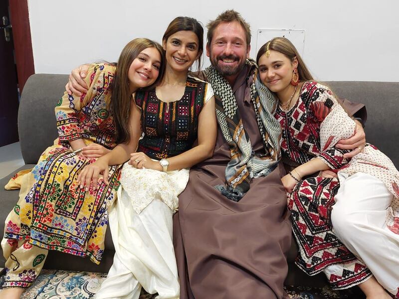 Rahma Al Balushi with husband Justin Halls and her daughters. Photo: Deeba Hasan for The National