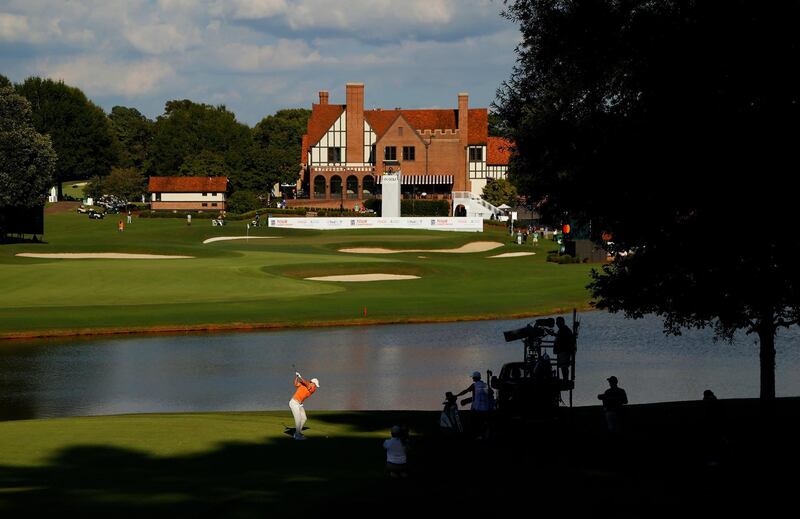 ATLANTA, GEORGIA - SEPTEMBER 05: Rory McIlroy of Northern Ireland plays a shot on the 18th hole during the second round of the TOUR Championship at East Lake Golf Club on September 05, 2020 in Atlanta, Georgia.   Sam Greenwood/Getty Images/AFP
== FOR NEWSPAPERS, INTERNET, TELCOS & TELEVISION USE ONLY ==
