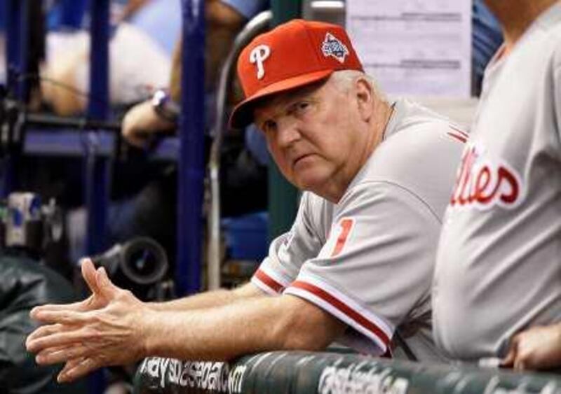 Philadelphia Phillies manager Charlie Manuel is seen during the seventh inning of Game 1 of the baseball World Series against the Tampa Bay Rays in St. Petersburg, Fla., Wednesday, Oct. 22, 2008. (AP Photo/David J. Phillip)  *** Local Caption ***  WS162_World_Series_Phillies_Rays_Baseball.jpg