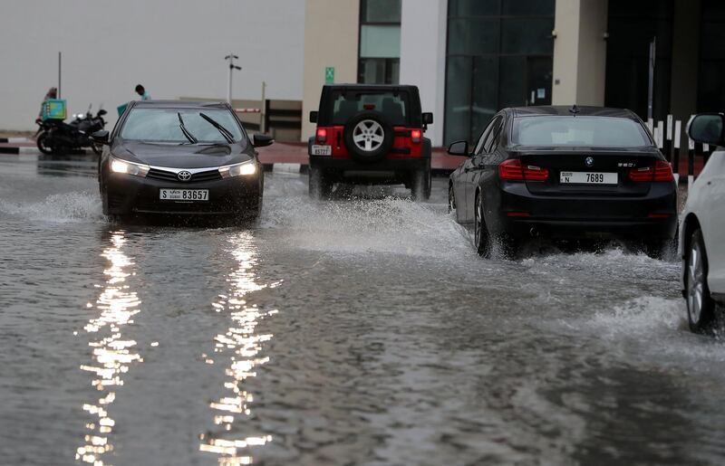 DUBAI, UNITED ARAB EMIRATES , March 22 – 2020 :- Water logged streets because of heavy rain in Al Barsha in Dubai. (Pawan Singh / The National) For News/Online/Instagram. 