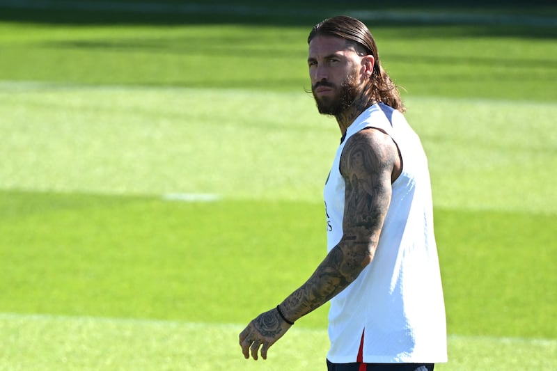 Paris Saint-Germain's Spanish defender Sergio Ramos takes part in a training session at the 'Camp des Loges'. AFP