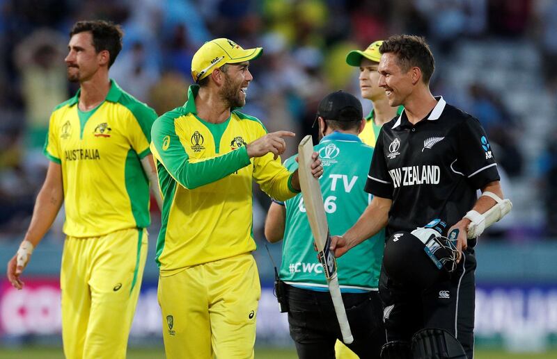 Cricket - ICC Cricket World Cup - New Zealand v Australia - Lord's, London, Britain - June 29, 2019   Australia's Glenn Maxwell jokes with New Zealand's Trent Boult after the match    Action Images via Reuters/John Sibley