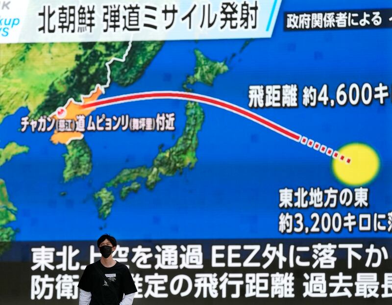 A screen in Tokyo displays the trajectory of North Korea's ballistic missile on a map. EPA