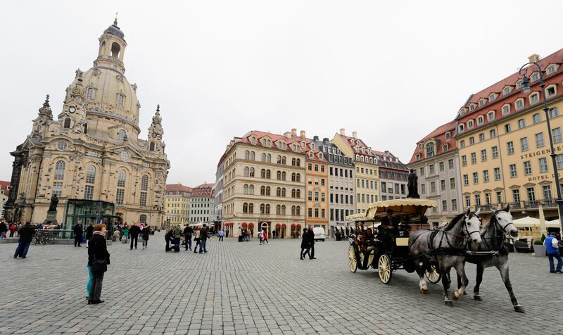 DRESDEN, GERMANY - APRIL 19 2014: The Dresden Frauenkirche is a Lutheran church in Dresden the capital city of the Free State of Saxony in Germany in a valley on the River Elbe, near the Czech border on April 19, 2014 in Dresden, Germany. (Photo by Athanasios Gioumpasis/Getty Images)