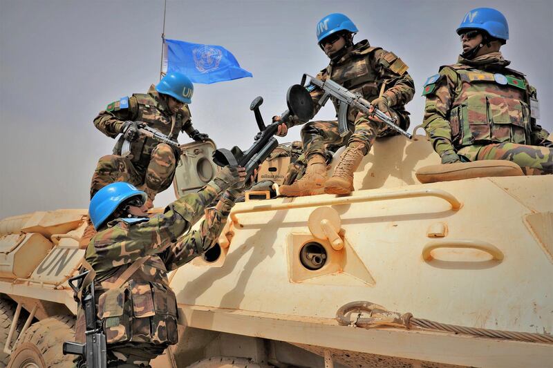 epa07519676 A handout photo made available by MINUSMA, a United Nations peacekeeping force in Mali, showing UN peacekeeping  armoured vehicles on patrol at a undisclosed location in Mali, 27 March 2019. Reports on 21 April 2019 state one UN peacekeeper was killed and four others wounded in an attack 20 April against MINUSMA forces in Mali's Mopti region. MINUSMA said in a statement that a UN convoy was attacked by using an improvised explosive device, also called IED. UN confirmed those dead and injured were from Egypt. One attacker was reportedly killed while eight others were taken prisoners.  EPA/MINUSMA HANDOUT  HANDOUT EDITORIAL USE ONLY/NO SALES