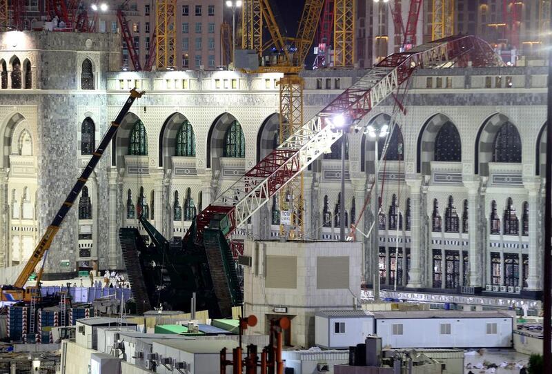 A towering construction crane collapsed over the Grand Mosque in Mecca, Saudi Arabia, on September 12, 2015 killing 107 people.  AP Photo