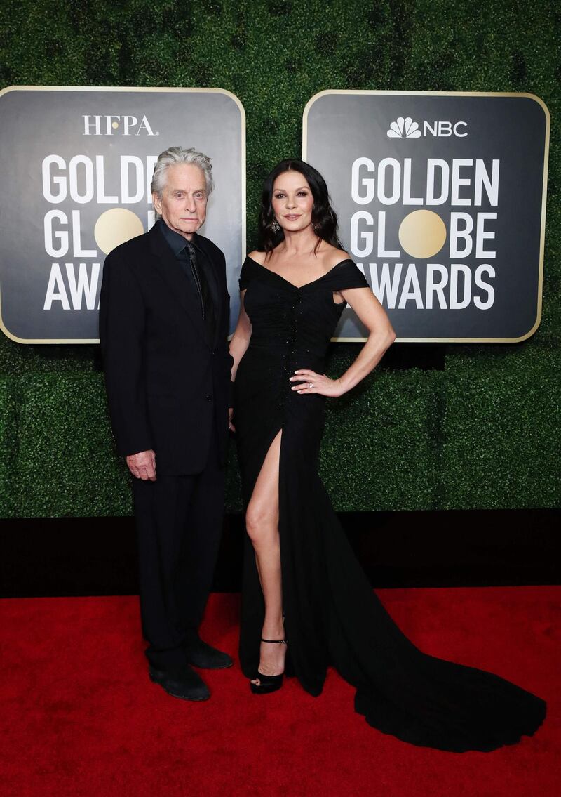 Michael Douglas and Catherine Zeta-Jones, in Dolce & Gabbana, attend the 78th annual Golden Globe Awards in New York, US, on February 28, 2021. AFP