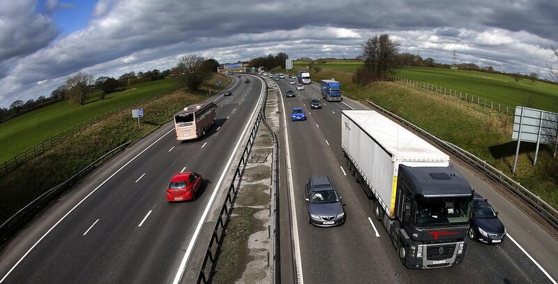 Traffic queues on the M6 motorway near Manchester in northern England. Reuters