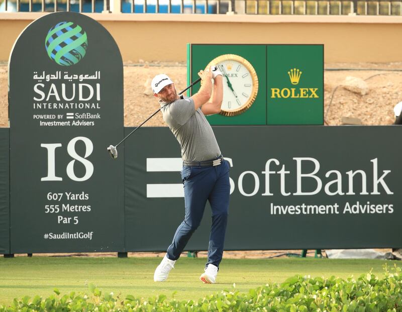 KING ABDULLAH ECONOMIC CITY, SAUDI ARABIA - JANUARY 31: Dustin Johnson of The United States of America tees off on the 18th hole during Day 2 of the Saudi International at Royal Greens Golf and Country Club on January 31, 2020 in King Abdullah Economic City, Saudi Arabia. (Photo by Andrew Redington/WME IMG/WME IMG via Getty Images)