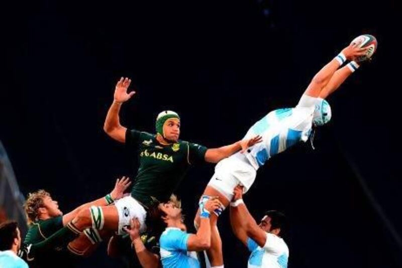 Argentinian rugby player Juan Martin Leguizamon (R) vies with South African player Willem Alberts during the Rugby Championship first round match between Argentina and South Africa, on the Nelson Mandela Sport and Culture Day, in Soweto, on August 17, 2013. AFP PHOTO / ALEXANDER JOE
 *** Local Caption *** 757614-01-08.jpg