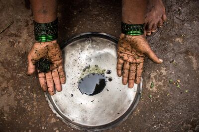 The liquid is then carefully placed at the inverted side of the concave plate ensuring it doesn’t flow away. Sanket Jain for The National