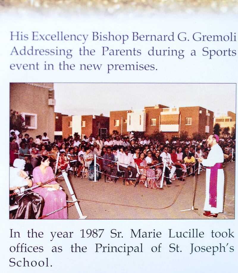 Bishop Bernard G Gremoli addresses parents during an event at St. Joseph's School, Abu Dhabi, in 1987.