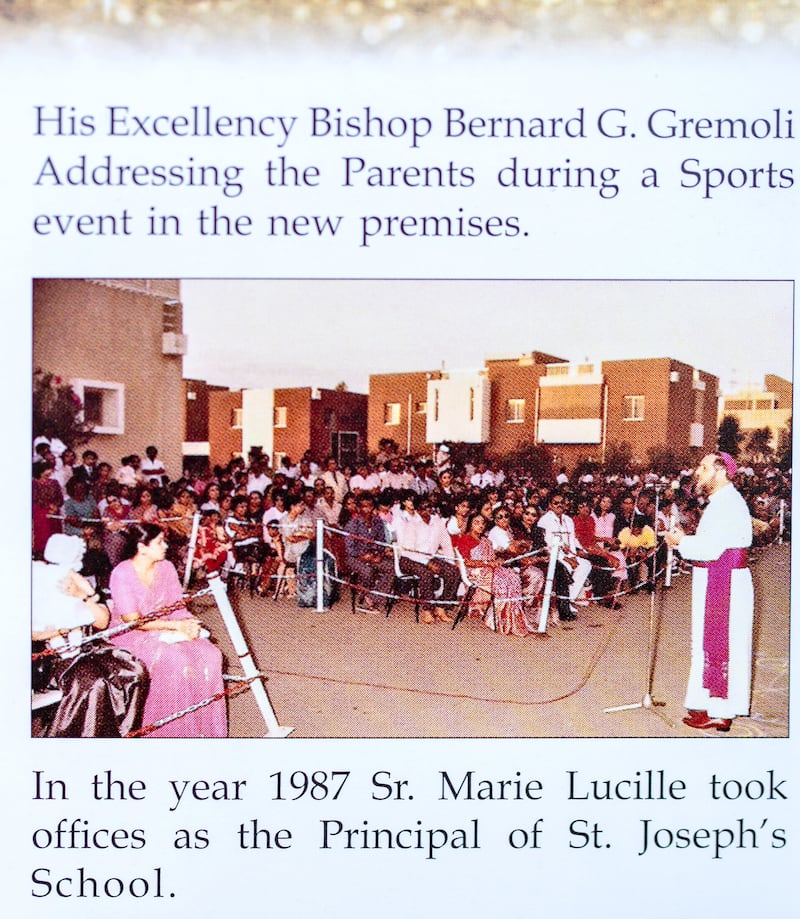 Bishop Bernard G Gremoli addresses parents during an event at St. Joseph's School, Abu Dhabi, in 1987.