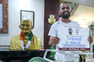 Nitin Sonawane, Indian who believes in the teachings of Mahatma Gandhi on non-violence has travelled to 48 countries to talk to young people about peace. Victor Besa / The National