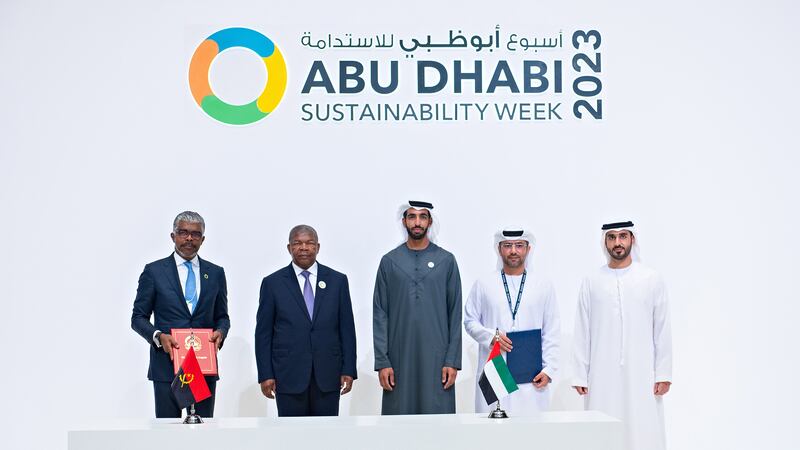 Joao Manuel Lourenco, President of Angola (2L), and Sheikh Shakhbout bin Nahyan, Minister of State (C), with officials during the signing of agreements. Photo: AD Ports Group