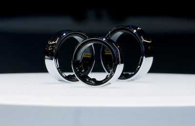 Prototypes of Samsung Galaxy rings are displayed during the Mobile World Congress, the telecom industry's biggest annual gathering, in Barcelona. AFP