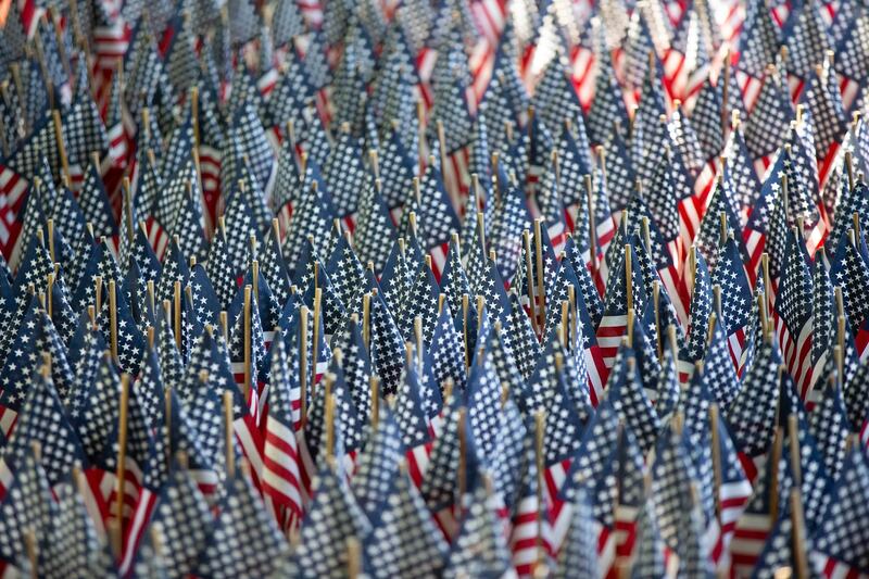 Over 8,000 flags, representing the number of Covid-19 deaths in Massachusetts, are seen placed in the yard of Mike Labbe in Grafton, Massachusetts, US. EPA