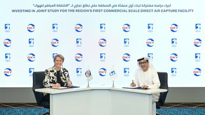 Vicki Hollub, president and chief executive of Occidental, and Musabbeh Al Kaabi, executive director for low carbon solutions and international growth at Adnoc, signing the deal. Photo: Adnoc
