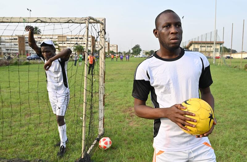 Blind and visually impaired Ivorian football players during a training session at the Felix Houphouet-Boigny University in Abidjan, Ivory Coast. All photos: AFP