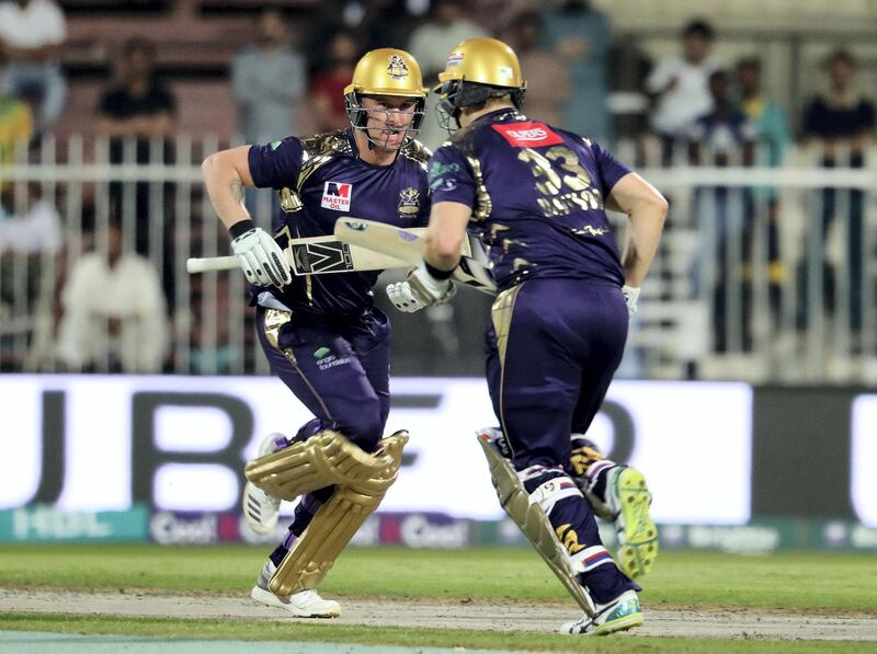 Sharjah, United Arab Emirates - March 14th, 2018: Quetta Gladiators' Jason Roy (L) bats in the game between Lahore Qalandars and Quetta Gladiators in PSL 2018. Wednesday, March 14th, 2018 at Sharjah Cricket Stadium, Sharjah. Chris Whiteoak / The National