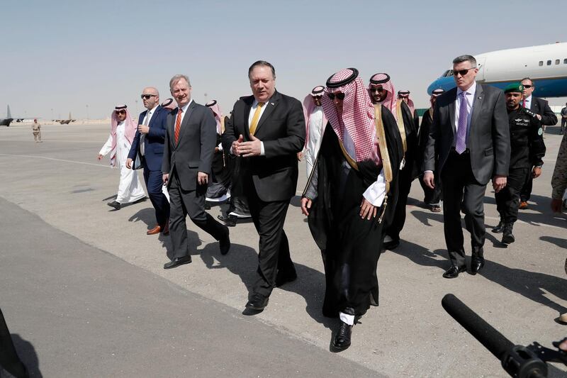 US Secretary of State Mike Pompeo arriving in Riyadh. AP Photo