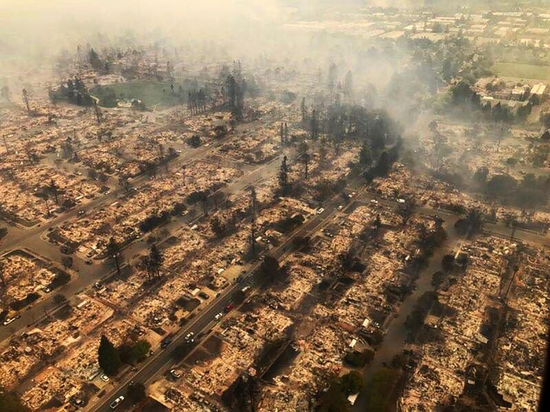 This aerial photo provided by the California Highway Patrolshows some of hundreds of homes destroyed in a wind-driven wildfire that swept through Santa Rosa. California Highway Patrol Golden Gate Division via AP
