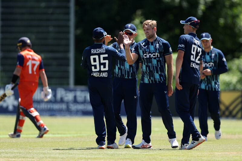 England bowler David Wiley of England celebrates after taking with wicket of Logan van Beek for a duck. Willey finished with 4-36. Getty
