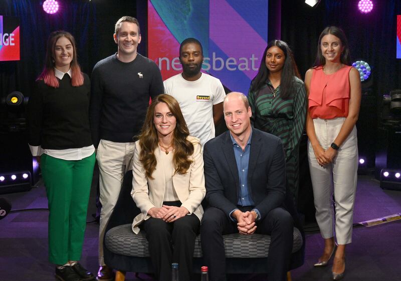 The Prince and Princess of Wales with Emma Hardwell, Ben Cowley, Antonio Ferreira, Dr Abigail Miranda and Pria Rai at the 'Newsbeat' studios on Monday. BBC / PA