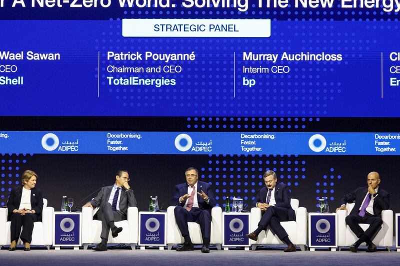 (From left to right) Vicki Hollub, president of Occidental Petroleum, Shell chief executive Wael Sawan, TotalEnergies chairman and chief executive Patrick Pouyanne, BP interim chief Murray Auchincloss and ENI chief executive Claudio Descalzi during a panel at Adipec 2023. Reuters