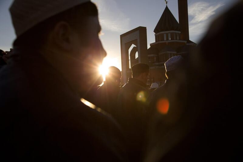 Muslims pray outside a mosque in Moscow, Russia, during Eid Al Adha.