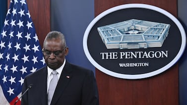 Lloyd Austin at the Pentagon on February 1, when he said he 'should have told the President about my cancer diagnosis'. AFP
