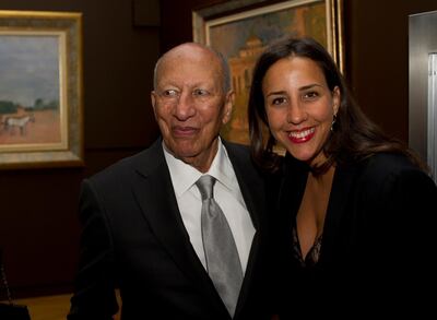 Touria El Glaoui with her father Hassan at Meetings in Marrakech: the paintings of Hassan El Glaoui and Winston Churchill, in 2012. Touria El Glaoui