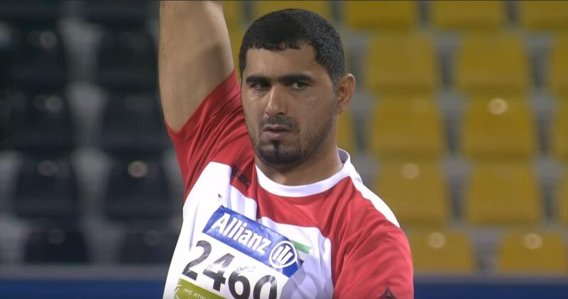 Emirati paralympic athlete Abdullah Hayayei competes in the men's shot put F34 final at the 2015 IPC Athletics World Championships in Doha. YouTube screengrab courtesy of paralympic.org