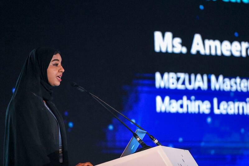 Ameera Ali Bawazir, a master's student of machine learning, speaks at the event.