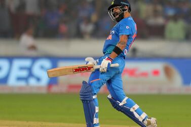 India captain Virat Kohli celebrates the win against West Indies during their first T20 in Hyderabad on Friday. AP