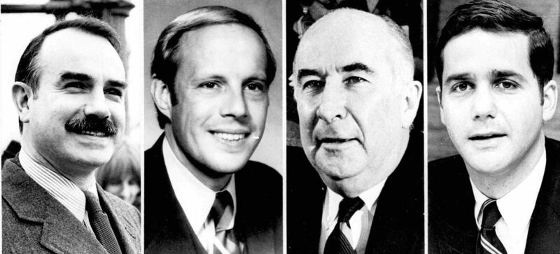 Named in the Watergate scandal, from left to right, are G Gordon Liddy, White House counsel John W Dean III, former attorney general John Mitchell, and former Nixon deputy campaign manager Jeb Stuart Magruder. AP