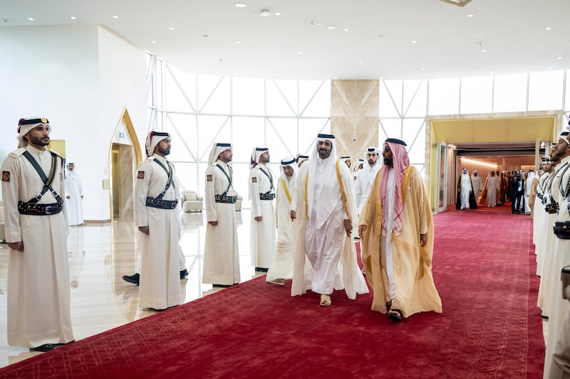 Sheikh Tahnoun is received by Sheikh Abdullah bin Hamad upon his arrival in Doha. Mohamed Al Hammadi / Presidential Court